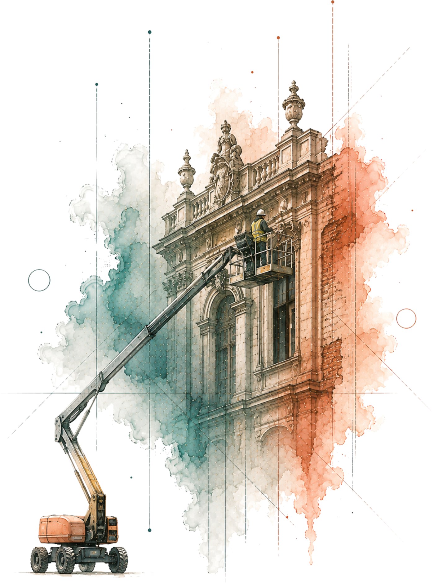 Illustration of access platform work at height on a historic building facade