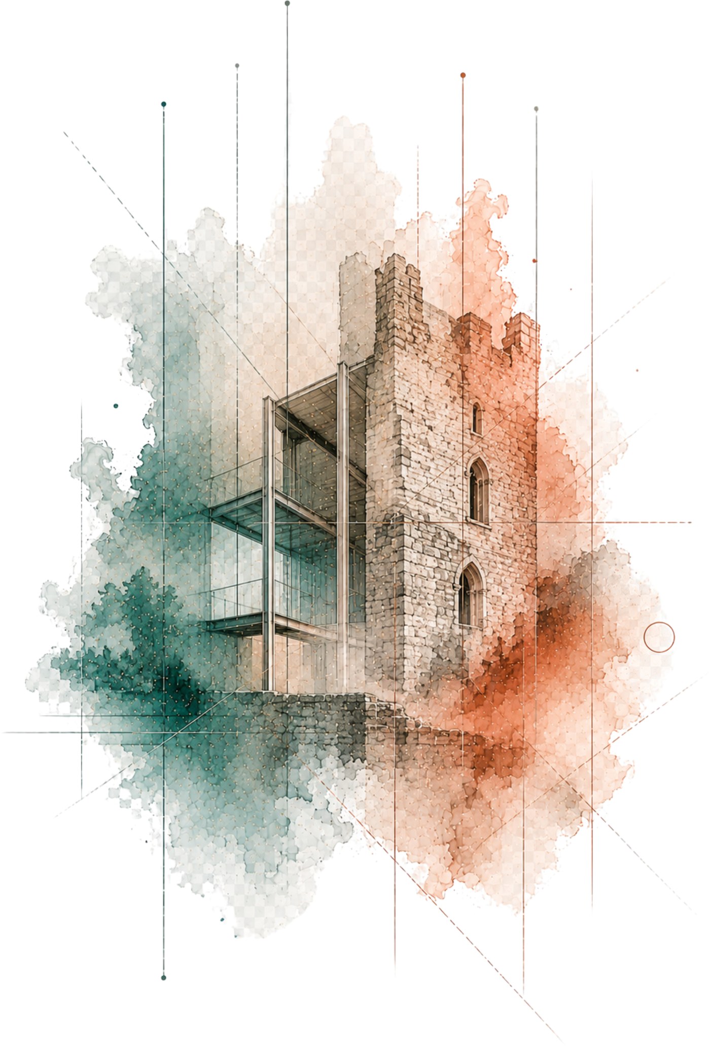Illustration of a modern glazed extension integrated with a historic stone tower