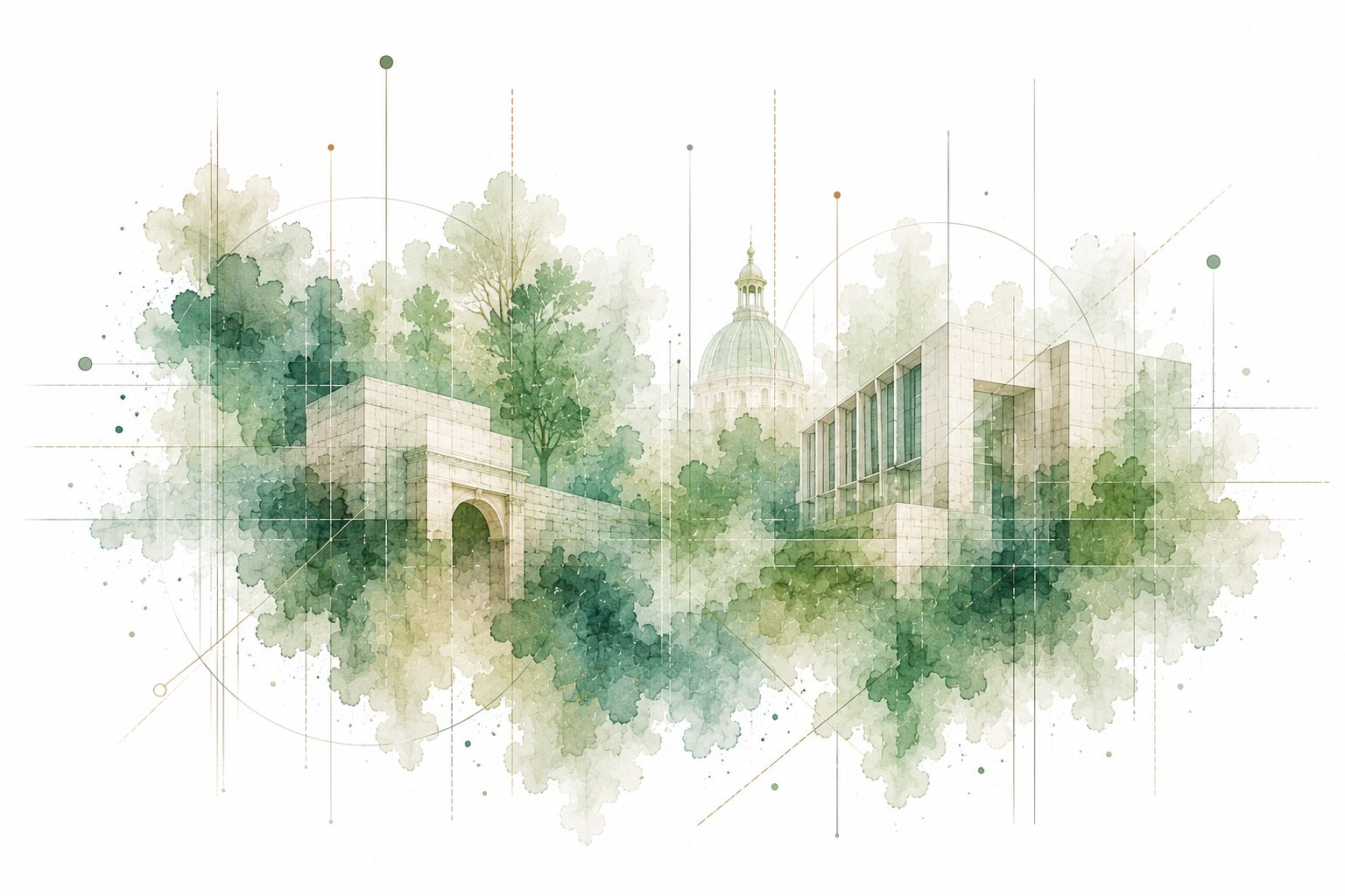 Watercolour architectural study in a verdigris palette, evoking retained mature trees and heritage buildings