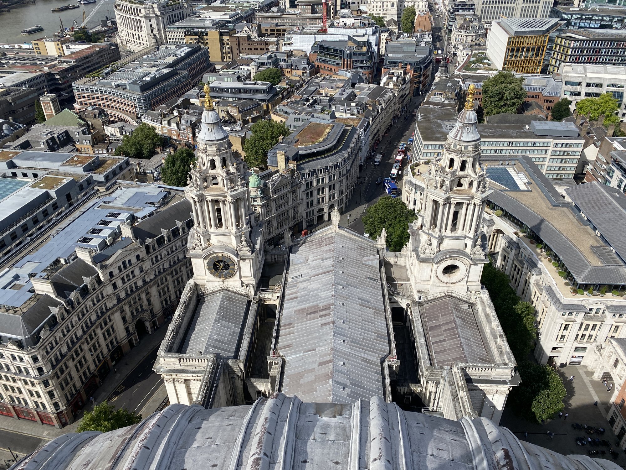 Aerial view over historic domed towers and the surrounding city