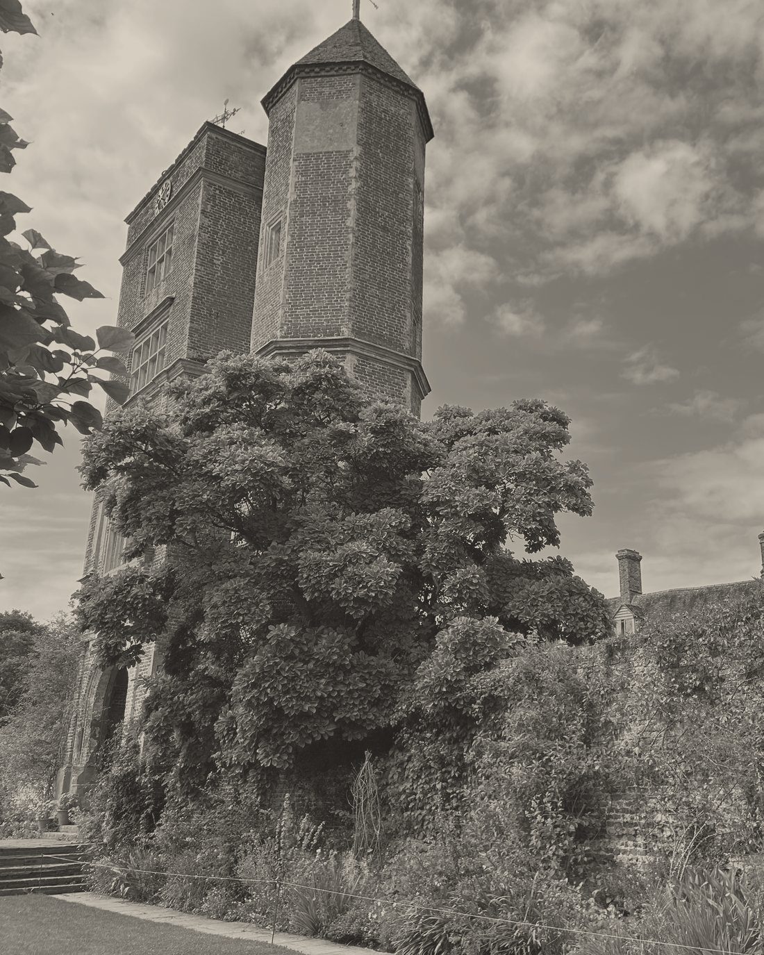 Historic brick tower with mullioned windows framed by a garden wall, climbing greenery and flowering border